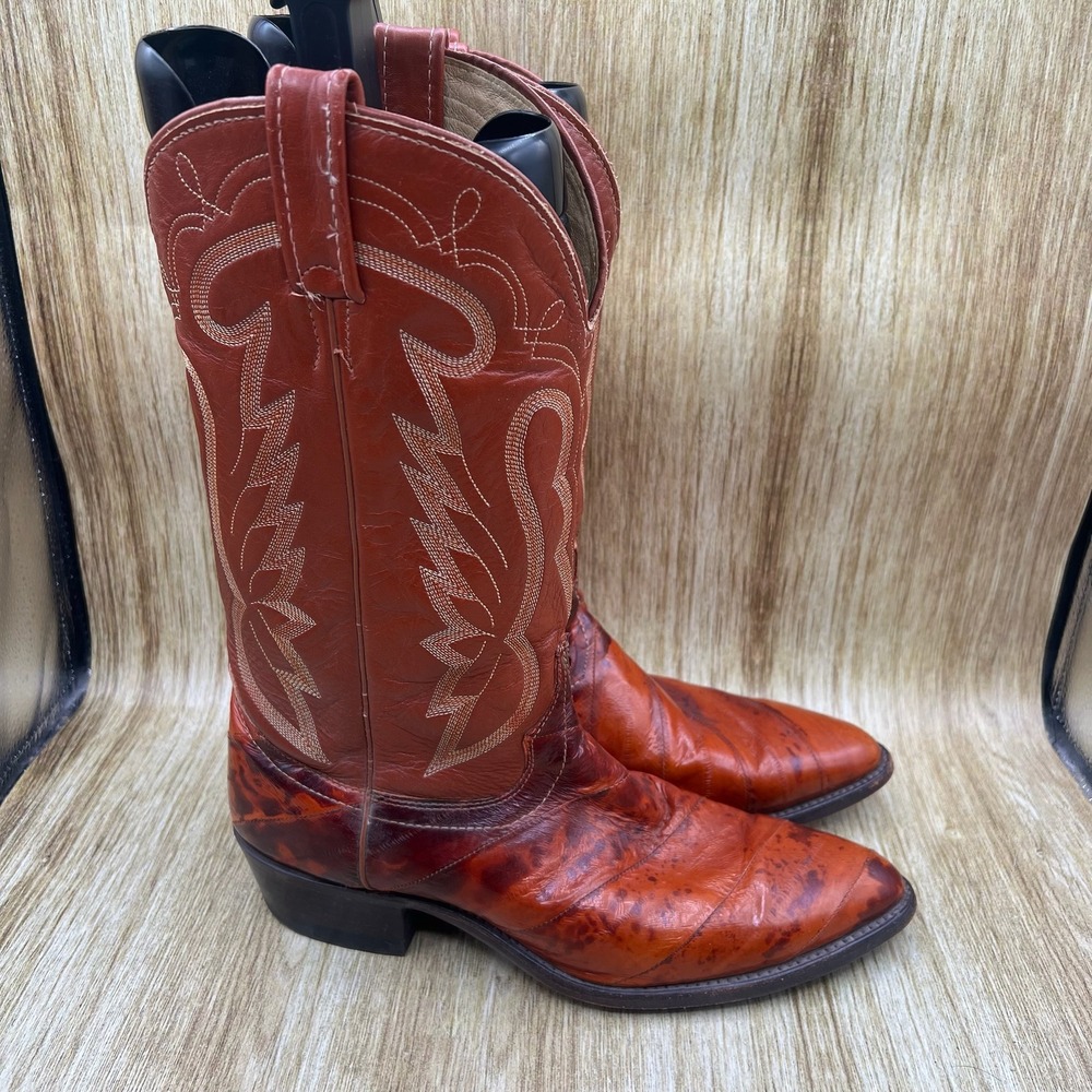 J. Chisholm Eel Skin Western Boots Men's Size 10.5 EE Cognac Pointed Toe Cowboy